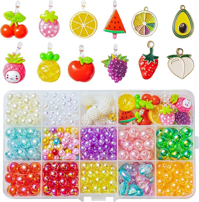 OSNIE Summer Fruit DIY Bead Jewelry Making Kit for Kids Girls Watermelon Strawberry Orange Pineapple Cherry Grape Apple Peach Avocado Charms Beads for Bracelets Rings Necklaces Beading Kits 400Pcs+
