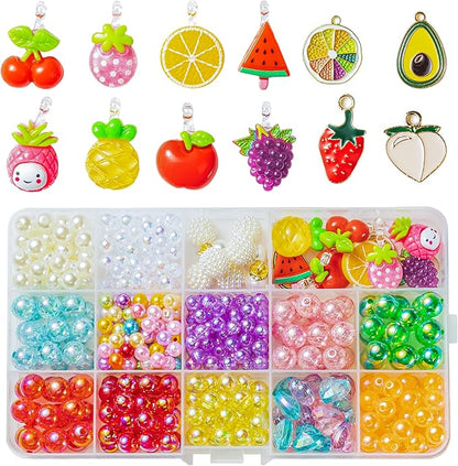 OSNIE Summer Fruit DIY Bead Jewelry Making Kit for Kids Girls Watermelon Strawberry Orange Pineapple Cherry Grape Apple Peach Avocado Charms Beads for Bracelets Rings Necklaces Beading Kits 400Pcs+