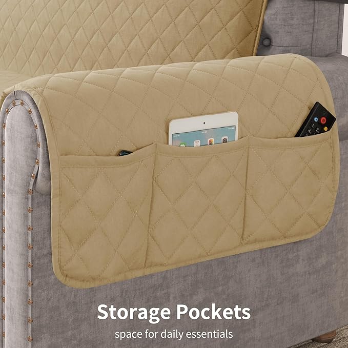 CHUN YI Loveseat Cover, Water Resistant Slipcover for 2 Cushion Couch, Washable Sofa Cover with Adjustable Strap Storage Pocket for Living Room Dog Pet (Loveseat, Khaki)