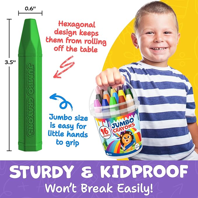 Jumbo Jumbo Crayons For Kids, Ages 1-8 - 16pc, Large, Non-Toxic Washable With Printed & PDF Color Sheets