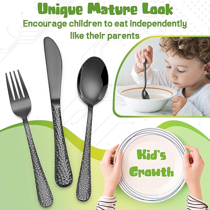 HaWare 9-Piece Toddler Kids Silverware Set, Stainless Steel Hammered Flatware, Preschooler Eating Utensils Includes 3 Spoons 3 Forks 3 Knives, Metal Children Cutlery for Home School, Mirror Finished