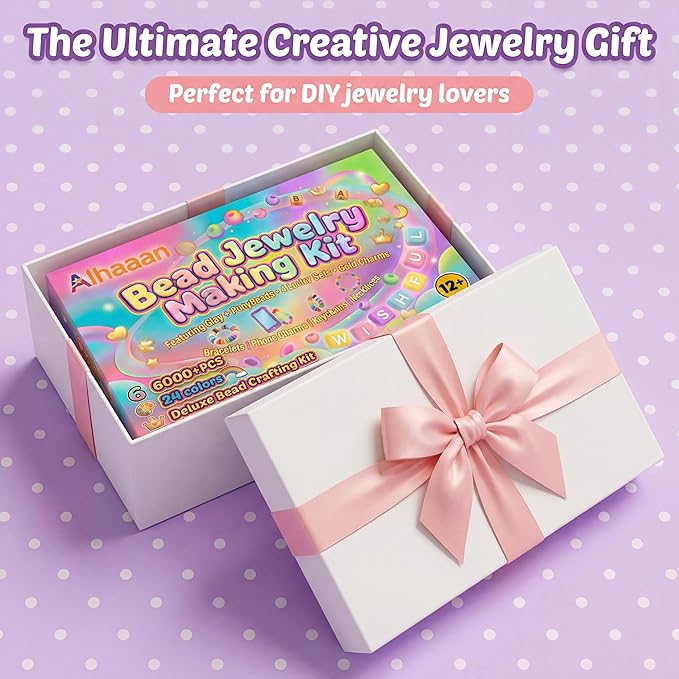 Jewelry Making Bead Kit, 6000 PCS Polymer Clay & Pony Beads, 24 Colors, 4 Letter Bead Styles, More Charms, Organizer Box, Bracelet Kit, Gift for Friends