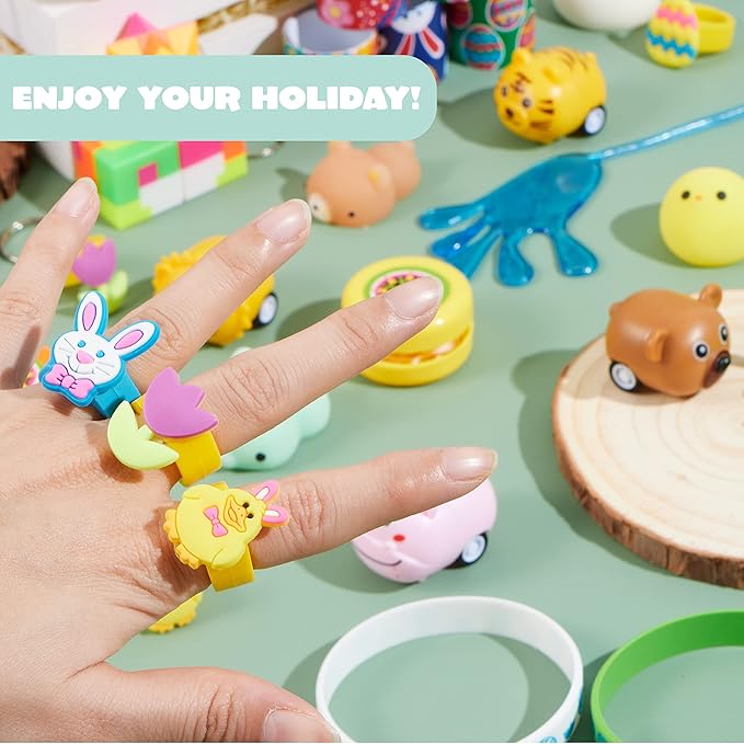 JOYIN 72Pcs Easter Party Favors Set, Sticky Hands, Stampers, Bracelets, Keychains, Rings, Sticker for Easter Basket Stuffers, Easter Goodie Bag Fillers, Classroom Prize Supplies, Easter Egg Toy