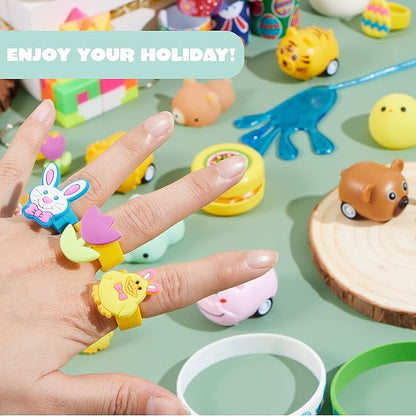 JOYIN 72Pcs Easter Party Favors Set, Sticky Hands, Stampers, Bracelets, Keychains, Rings, Sticker for Easter Basket Stuffers, Easter Goodie Bag Fillers, Classroom Prize Supplies, Easter Egg Toy