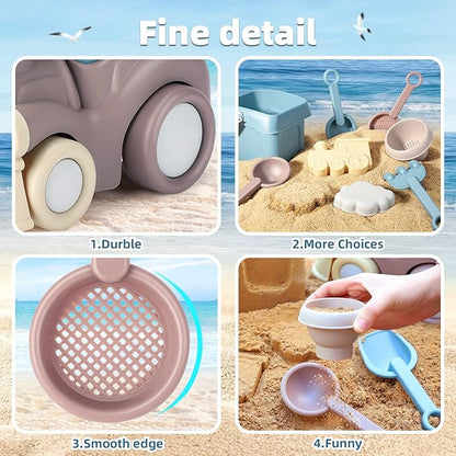QLT Beach Toys for Toddlers - Kids Sand Toys Include Train Beach Truck, Beach Bucket, Scoop, Trowel, Colander, Rake, Sand Castle Toys - Sandbox Toys with Gift Box