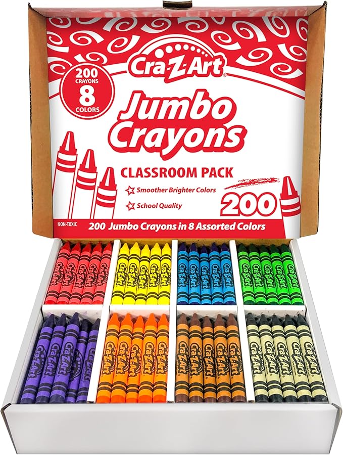 Cra-Z-Art Jumbo Crayon Bulk Class Pack 200ct 8 Assorted Colors, 25 Jumbo Crayons in Each Color, Back To School Supply List Essential, Bulk Pack for School Supply Rooms and In Class For Teachers