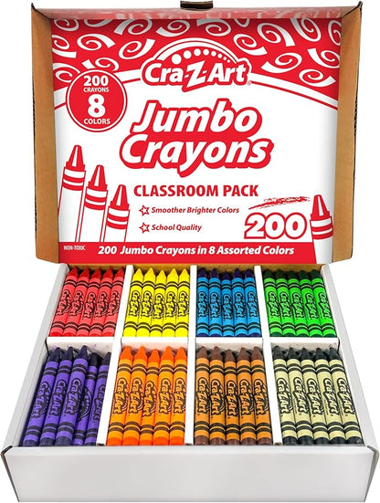 Cra-Z-Art Jumbo Crayon Bulk Class Pack 200ct 8 Assorted Colors, 25 Jumbo Crayons in Each Color, Back To School Supply List Essential, Bulk Pack for School Supply Rooms and In Class For Teachers