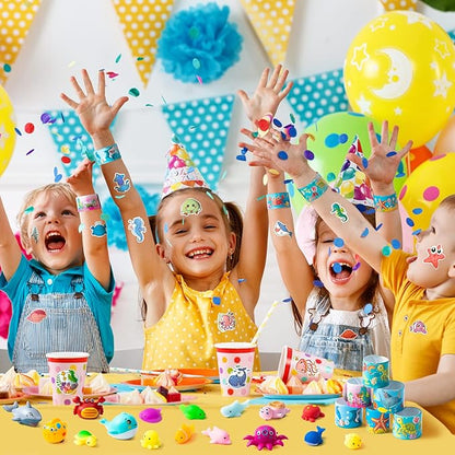ANGOLIO Ocean Sea Animals Party Favor - 114Pcs Ocean Aniamls Toys Include Sea Animals Keychains Stickers Bracelet Cute Make A Face Stickers for Kids Ocean Themed Birthday Party Classroom Rewards