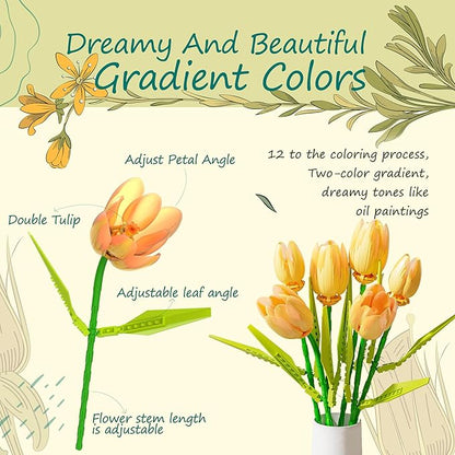 Flower Bouquet Building Toy Set Tulips, Botanical Building Blocks for Adults Home Office Decor Orange Color