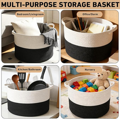 115L Large Blanket Basket,23.6" L x 23.6" W x 15.7" H Rope Woven Baskets with Handles, Toys Storage Bins,Laundry Basket Perfect for Living Room, Nursery,Bedroom,Home Organization,White&Black