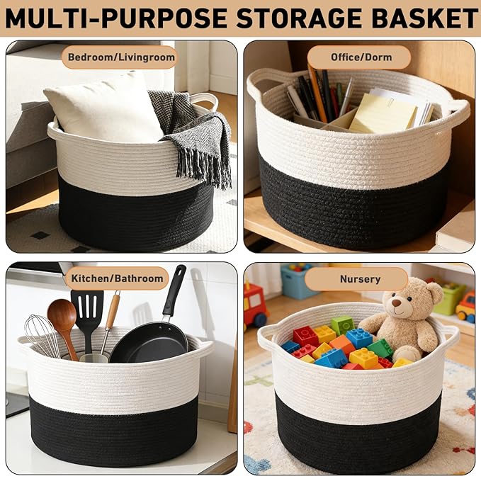 65L Large Blanket Basket,Cotton Rope Woven Storage Basket with Handles, Laundry Hamper for Toys, Clothes, Pillows & Towels, Perfect for Living Room, Nursery & Bedroom,White&Black