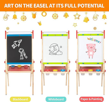 Hape E1010 Magnetic All in 1 Kids Height Adjustable Drawing Dry-Erase Chalkboard Wooden Artist Easel with 3 Paint Pots and Refillable Paper Roll