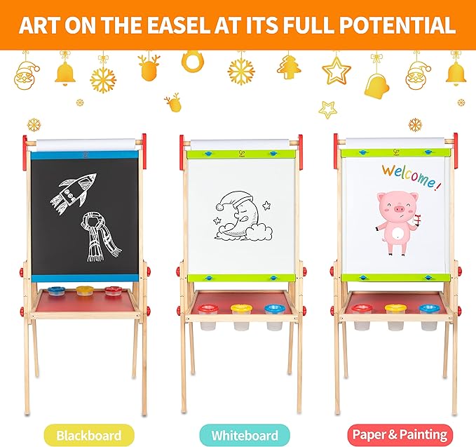 Hape E1010 Magnetic All in 1 Kids Height Adjustable Drawing Dry-Erase Chalkboard Wooden Artist Easel with 3 Paint Pots and Refillable Paper Roll