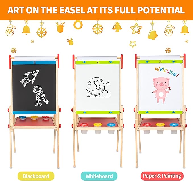 Hape E1010 Magnetic All in 1 Kids Height Adjustable Drawing Dry-Erase Chalkboard Wooden Artist Easel with 3 Paint Pots and Refillable Paper Roll