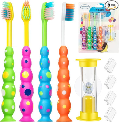 Kids Toothbrush, Toddler Toothbrush with Suction Timer, Children Sized Brush Heads (3-10 Year Old), Suction Cup for Fun & Easy Storage, Flossing Bristles, Pack of 4