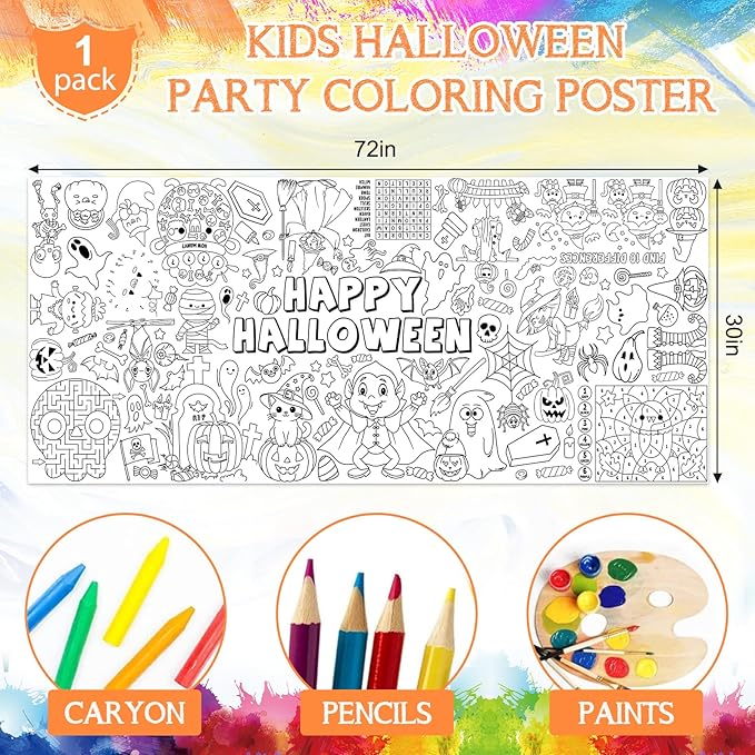 Halloween Giant Coloring Poster for Kids 30 x 72 Inch, Large Halloween Crafts Coloring Paper Tablecloth Banner for Kids, Halloween Color-in Activities Party Games Birthday Party Supplies Decorations