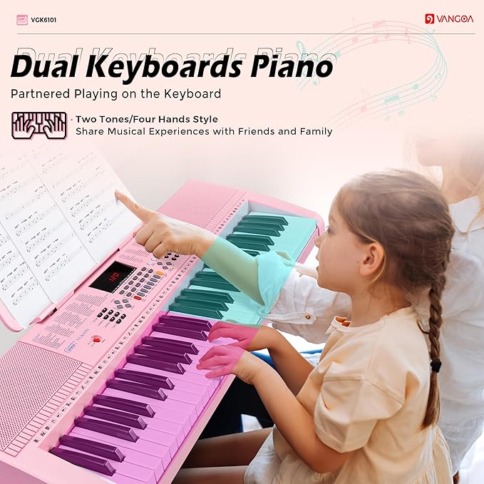 Vangoa Pink Piano Keyboard 61 Key, Electric Keyboard Kit Portable Music Keyboard for Kids Students with Microphone, 600 Tones, 400 Rhythms, 50 Demos, Gift for Beginners