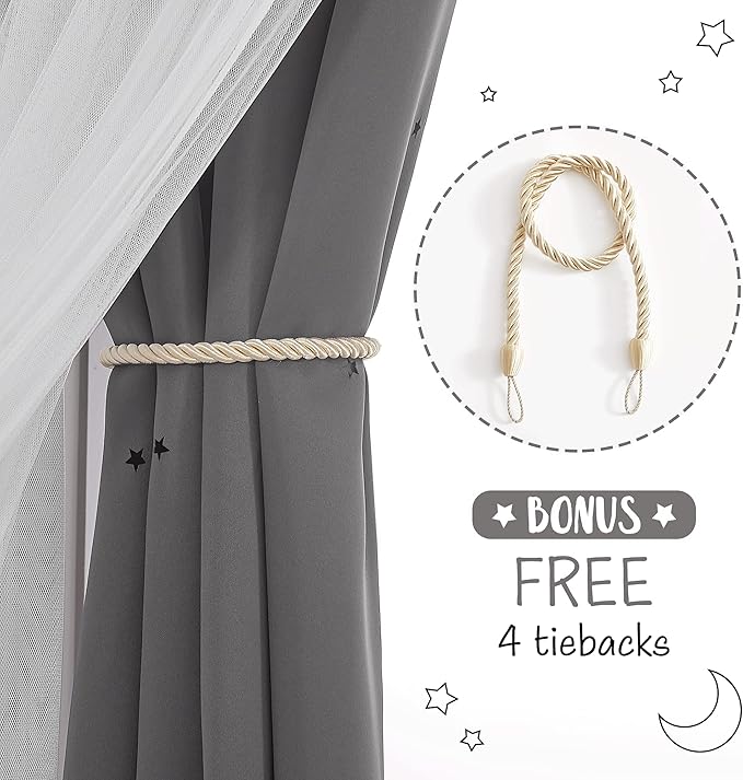 NICETOWN Moon Star Hollow-Out Curtains for Nursery Gift, Double Layer Blackout Grommets Window Curtains Sheer for Living Room/Girls Bedroom, 2 Panels in 52 x 84 inches, Grey