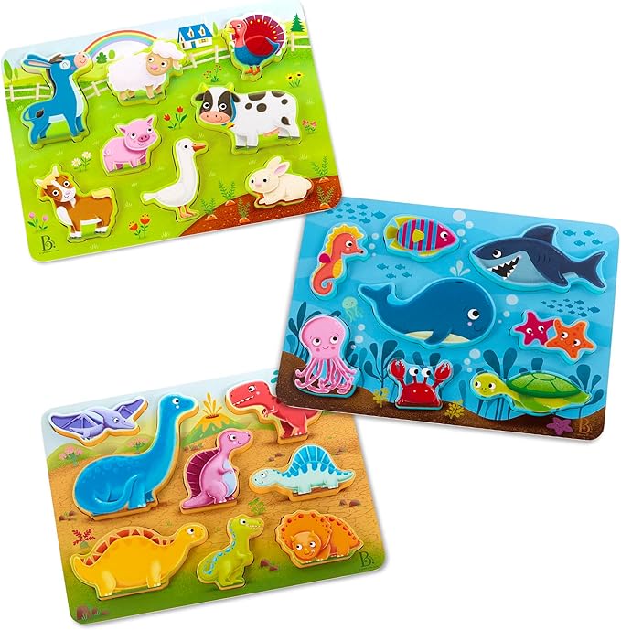 B. toys- Peek & Explore 3-Pack - Farm, Sea, Dinos- Chunky Puzzle 3-Pack – Wooden Puzzles- 8 Pieces Each – 2 Years +