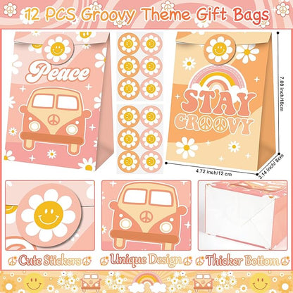 Groovy Party Favors 72 PCS Retro Boho Slap Bracelets DIY Stickers Temporary Tattoos Keychains Plastic Straws Gift Bags for Retro 60s 70s Boho Themed Birthday Party Baby Shower Classroom Rewards