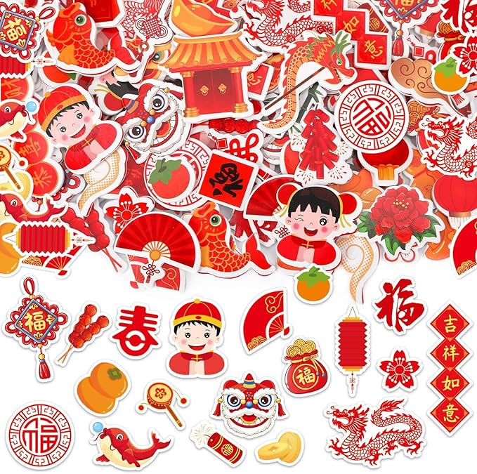 JULBEAR 300pcs Chinese New Year Foam Stickers 2026 Year Candy Sticker Chocolate Labels Sticker for Chinese New Year Spring Festival Decoration Party Favor Gift Card Supplies