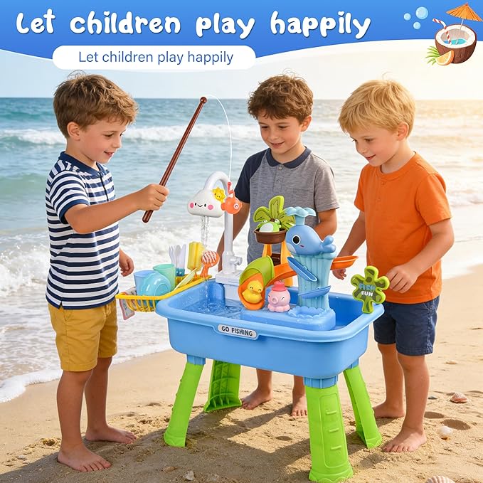 Upgraded Toddler Sand Water Table Toy with Electric Water Pump, Kids Sand Water with Faucet/Play Food Accessories/Fishing Toy, Kitchen Play Sink Toys for Girl Boy Age 3+ (Blue)