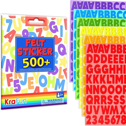 KRAFUN 500+ Felt Stickers for Toddlers & Kids - Self-Adhesive Alphabet Letters, Numbers & Shapes - No-Mess DIY Scrapbook Arts and Crafts Supplies - Educational Learning Activity Gift for Ages 3+