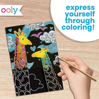 Ooly Scratch & Scribble 10pc Art Kit with 8 Total Scratch Cards (4 Illustrated, 2 Blank, 2 Rainbow) with Scratching Tool and Sparkled Stickers, Art Set Gifts for Kids - Colorful Safari