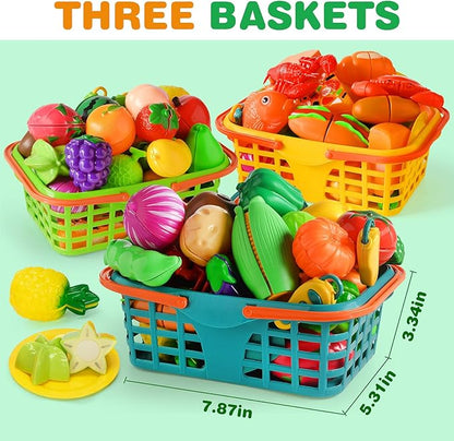 Play Food Set for Kids Kitchen- 100 Pcs Kitchen Food Toy for Toddlers, Cutting Fake Food/ Fruit/ Vegetable Accessories with Three Baskets, Birthday Gift for 3 4 5 Years Old Boy Girl
