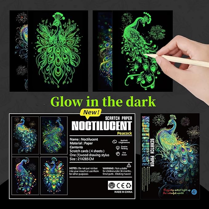 Georgie Porgy Scratch Paper Art Set for Kids Adults Magic Rainbow Scratchboards for DIY Arts and Crafts Kits Christmas Birthday Gift with Scratching Tools Kit (A4-Noctilucent Butterfly + Peacock)