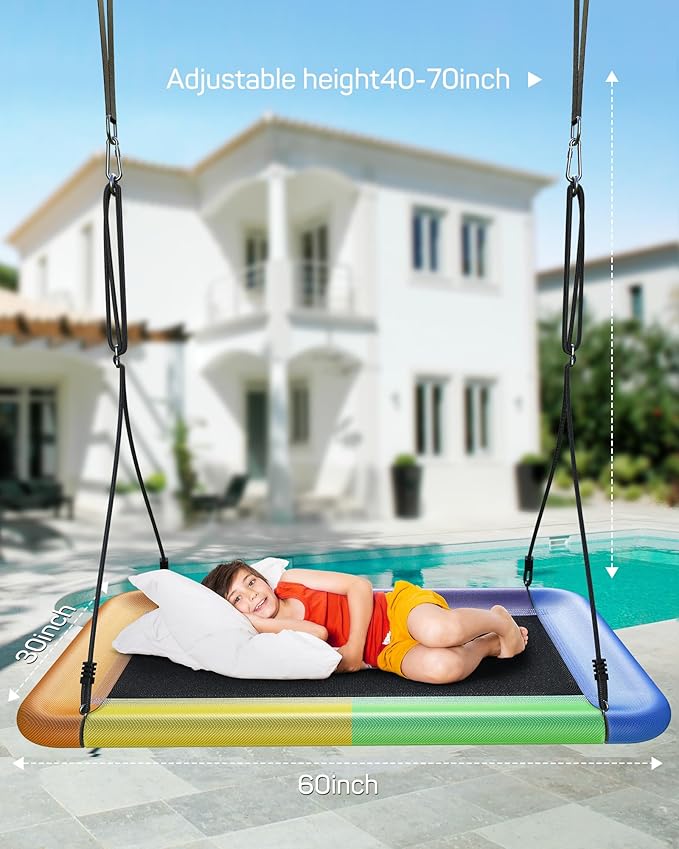 60" Tree Swing, 700lbs Capacity Rectangle Platform Swing, Waterproof & Durable, Adjustable Hanging Straps for Outdoor & Indoor Use, Suitable for Kids & Adults-Multicolor