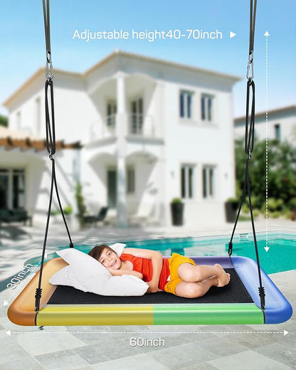 60" Tree Swing, 700lbs Capacity Rectangle Platform Swing, Waterproof & Durable, Adjustable Hanging Straps for Outdoor & Indoor Use, Suitable for Kids & Adults-Multicolor