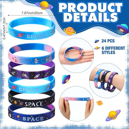 48 Pcs Outer Space Party Favors 24 Space Slap Bracelets 24 Silicone Wristbands Galaxy Astronaut Bracelets Bulk for Kids Classroom Rewards Stars Solar System Planet Birthday Party Supplies