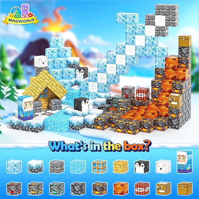 Gooidea Large Magnetic Blocks 110PCS Ice Fire World Inspired Playset Kids Magnet Toys 1 inch Building Cubes Magworld Add-on Building Craft Sensory Toys Game Gifts for Kids Ages 3-5 4-6 5-7 8-12