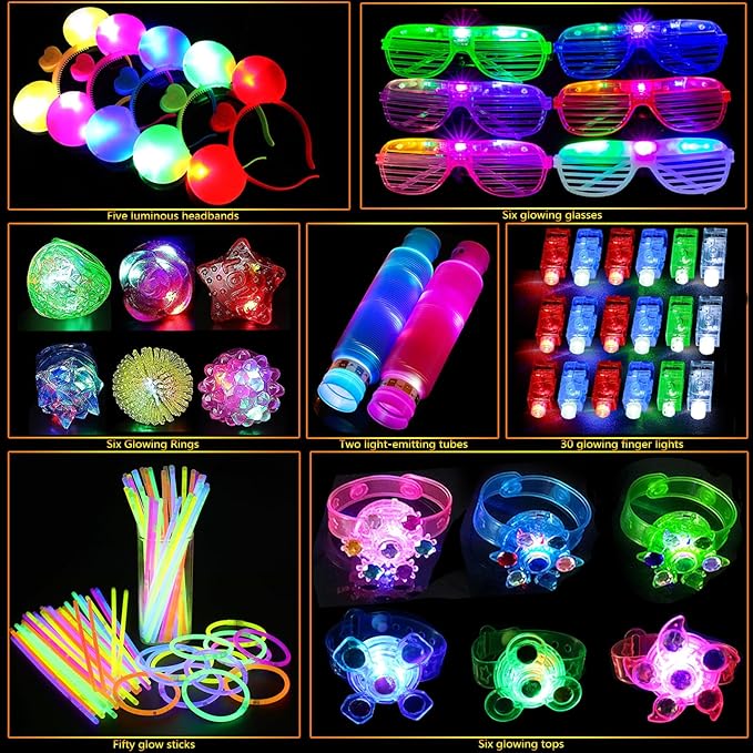 105Pcs Glow in the Dark Party Supplies, Neon Party Favors Rings Glasses Glow Bracelet Headband Finger Lights Glow Stick Light Up Tube Wedding Concert Bash Birthday Graduation Glow Party