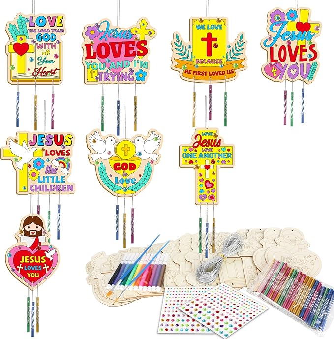 gisgfim 16 Pack Jesus Loves Me Crafts for Kids Wooden Religious Wind Chime Crafts Kits Make Your Own Christian Crafts Wooden DIY Arts for Party School Classroom Decorations Supplies Birthday Favors