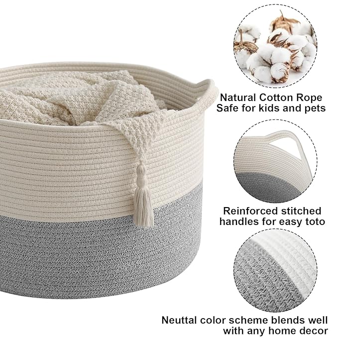 115L Extra Large Woven Cotton Rope Blanket Basket with Handles, Laundry Hamper Storage Bin for Pillows, Comforters,Clothes, Bedroom and Living Room Organization,White&Grey