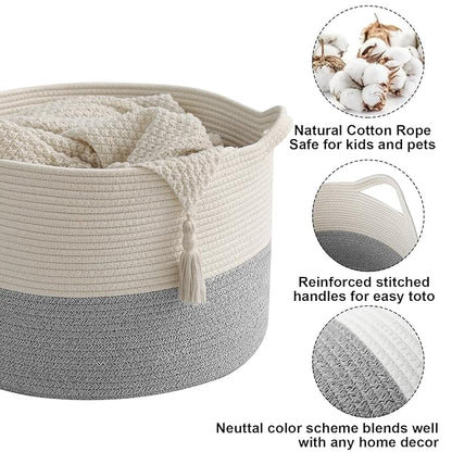 115L Extra Large Woven Cotton Rope Blanket Basket with Handles, Laundry Hamper Storage Bin for Pillows, Comforters,Clothes, Bedroom and Living Room Organization,White&Grey