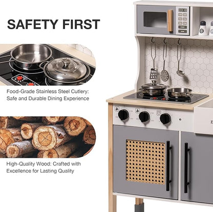 ROBUD Play Kitchen for Kids, Wooden Play Kitchen Set with Sounds & Lights, Modern Vintage Pretend Play Kitchen Set for Toddlers, Gift for Boys & Girls, 3+ (Gray)