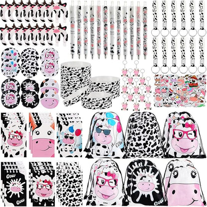 152 Pcs Cow Party Favors Supplies Include Cow Drawstring Goodie Bag Silicone Bracelets Cow Keychain Cow Stickers Spiral Notepads Bulk Inflatable Headbands Button Pin Pens Cow Print Notebook for Kid