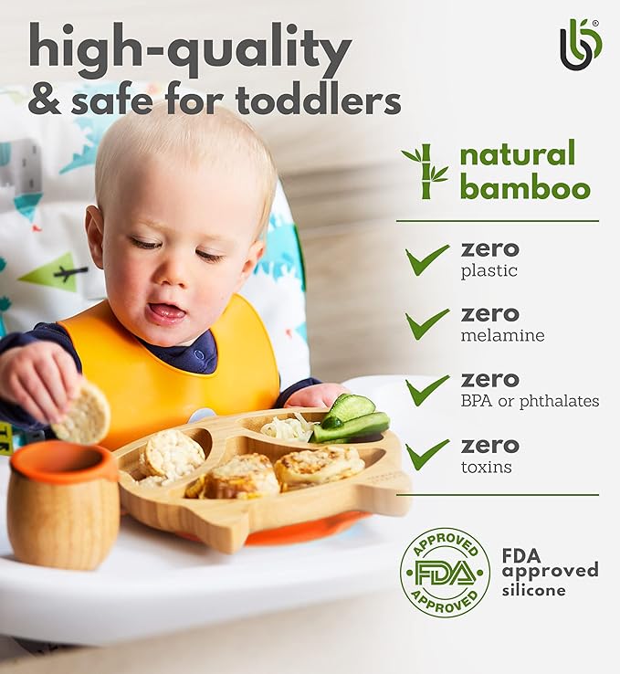 Bamboo Baby Plate with Suction - Kids and Toddler Suction Cup Plate for Babies, Non-toxic All-Natural Bamboo Baby Food Plate Stays Cool to the Touch for Baby-Led Weaning (Fox-Green)