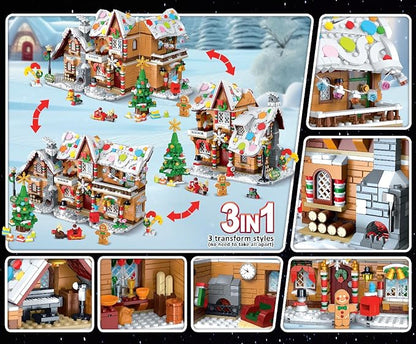 3 Style Christmas Gingerbread House Building Set with LED Light - 2024 Snowscape Village House Building Block Toy with Santa Claus Xmas Tree Train Gifts for Adults Kids Girls Boys Ages 8+ (1397 PCS)