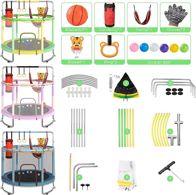 Trampoline for Kids, Upgrade Full Anti-Rust 440lbsToddler Trampoline with Net,Upgraded Ring Legs with Adjustable Gymnastics Bar&Toys, Gifts for Ages 1-8 Boys&Girls