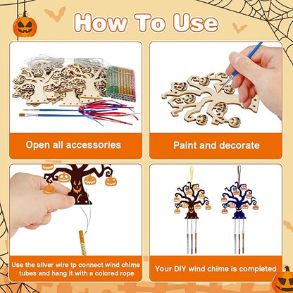 Fennoral 9 Pack Halloween Tree Wind Chime Kit for Kids Make You Own Wind Chimes Wooden Arts and Crafts DIY for Girls Boys Coloring Halloween Hanging Ornaments Halloween Party Decorations