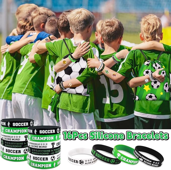 98Pcs Soccer Party Favors, Soccer Drawstring Bags with Silicone Bracelet Soccer Whistles Stickers Soccer Goodie Bags for Soccer Party Decorations Supplies