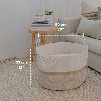 OrganiHaus Large Woven Storage Basket for Blankets and Toys 20" x 13" Inch, Rope Laundry Basket with Handles, Cushions & Pillows Storage Bin, Nursery Hamper, Soft Round Dog Toy Bin - Honey Stripe