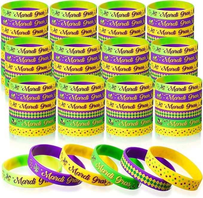 Kasyat 100 Pieces Mardi Gras Party Favors Mardi Gras Party Silicone Bracelets Mardi Gras Carnival Wristbands for Carnival Birthday Party Decorations Goodie Bag Stuffers Fillers Supplies