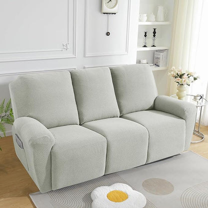 JIVINER 8-Piece Recliner Sofa Covers Stretch Jacquard Couch Covers for Recliner Slipcovers for Living Room 3 Cushion Soft Recliner Protector with Pocket (Sofa Recliner, Ivory)