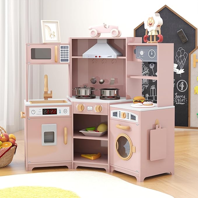 TaoHFE Play Kitchen with Lights and Sounds Pink Kids Kitchen Toddler Kitchen Set with Washer Chalkboard Wooden Kitchen Kids Playset with Washing Machine Range Hood Girls Boys Gift for Ages 3+