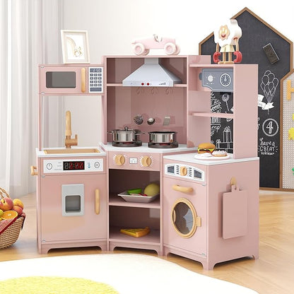 TaoHFE Play Kitchen with Lights and Sounds Pink Kids Kitchen Toddler Kitchen Set with Washer Chalkboard Wooden Kitchen Kids Playset with Washing Machine Range Hood Girls Boys Gift for Ages 3+